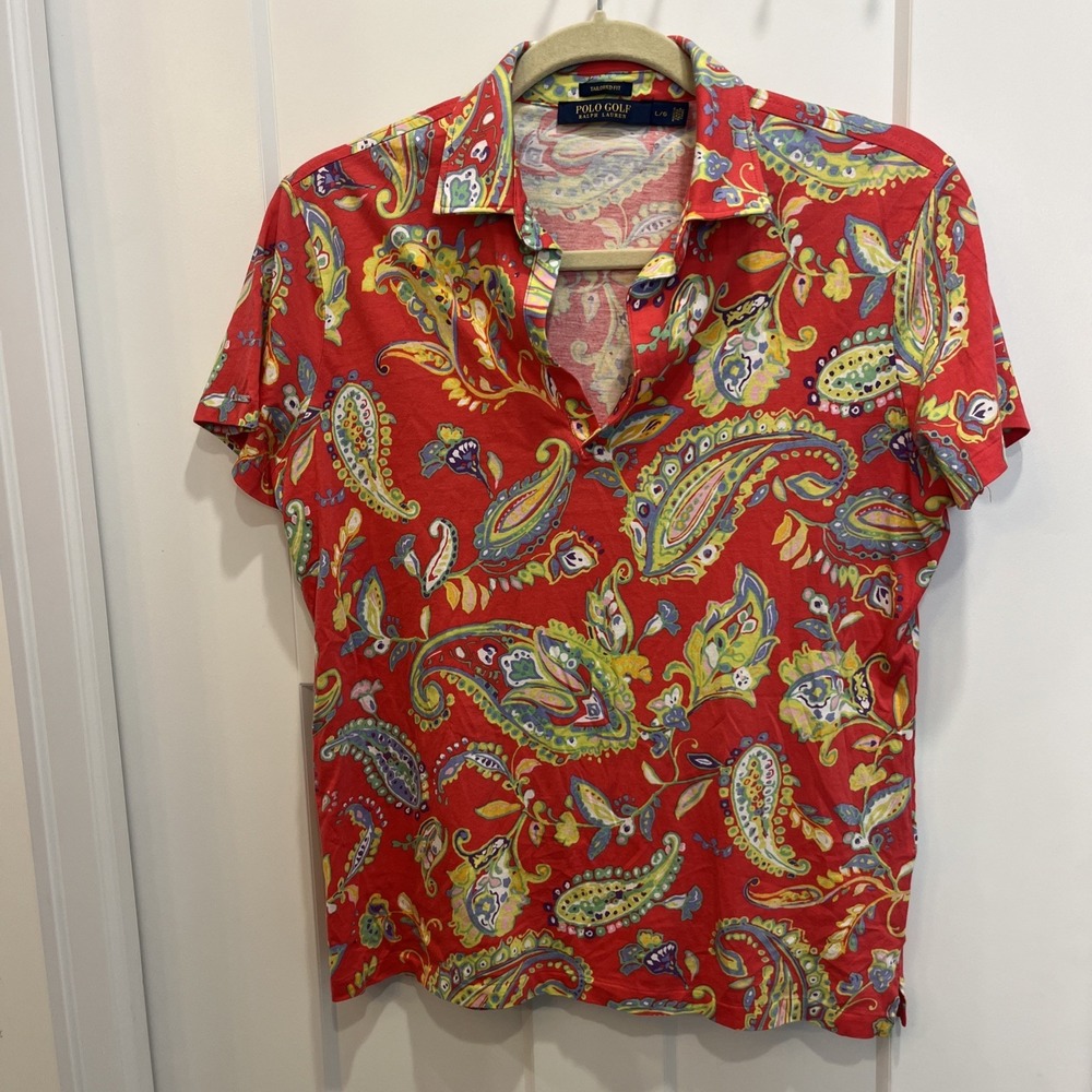 Polo Golf Ralph Lauren Women's Red Paisley Polo Shirt Short Sleeve Cotton Size L